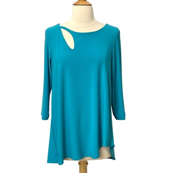 Sympli Turquoise Blue Slinky Knit Tunic Top Jersey Stretch 3/4 Sleeve Size 10 - Picture 1 of 10